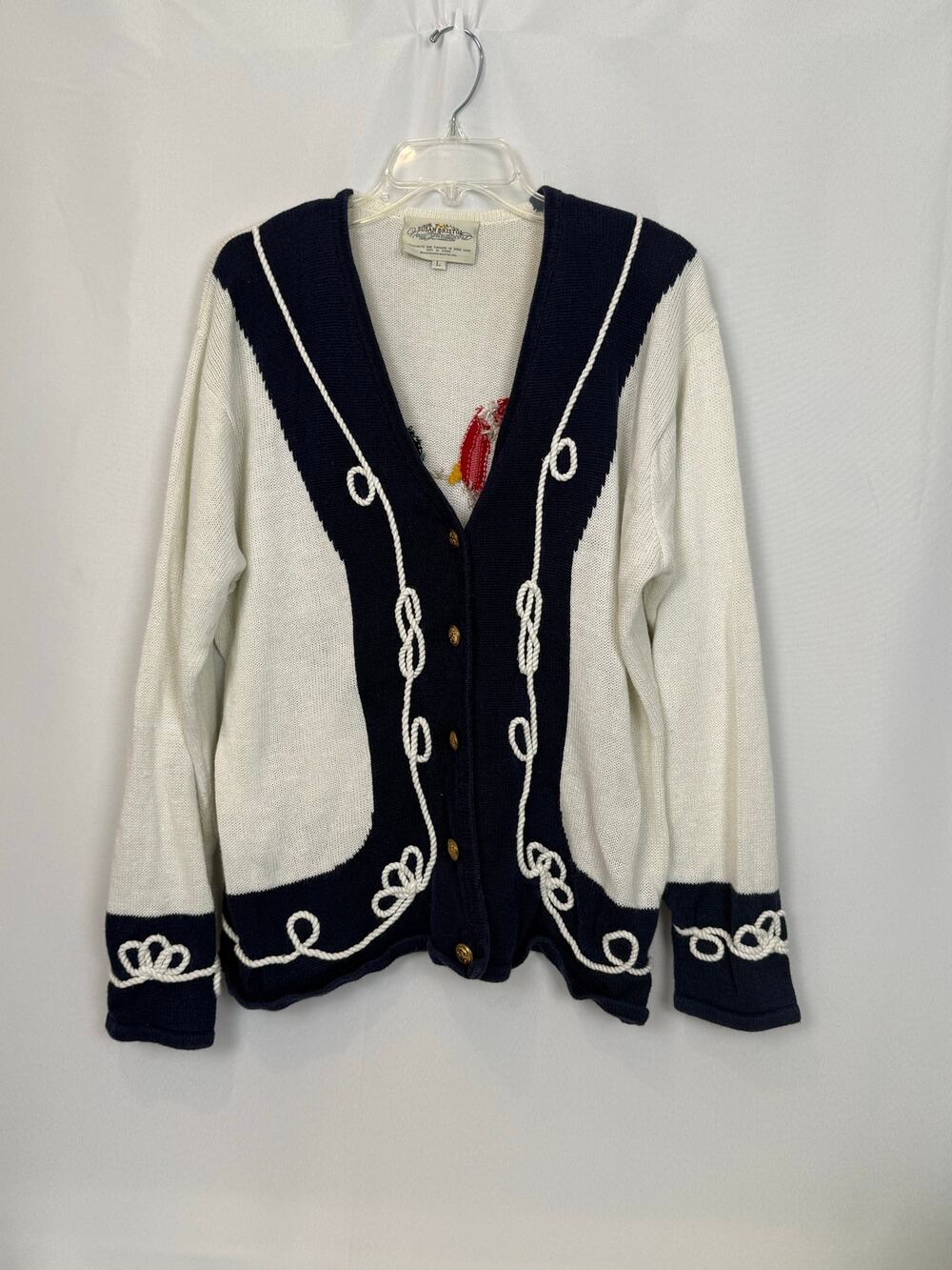 Vintage 1995 Susan Bristol Nautical Cat Sweater Large Rope Trim Cottagecore